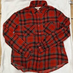 Plaid Christmas Shirt Decree RedButton Down Roll Up Long Sleeve Blouse Sheer - M